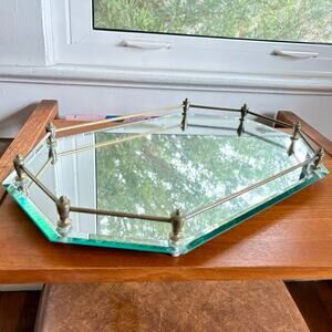 Vintage Mirrored Glass Vanity Tray Brass Gallery Rail 17x11
